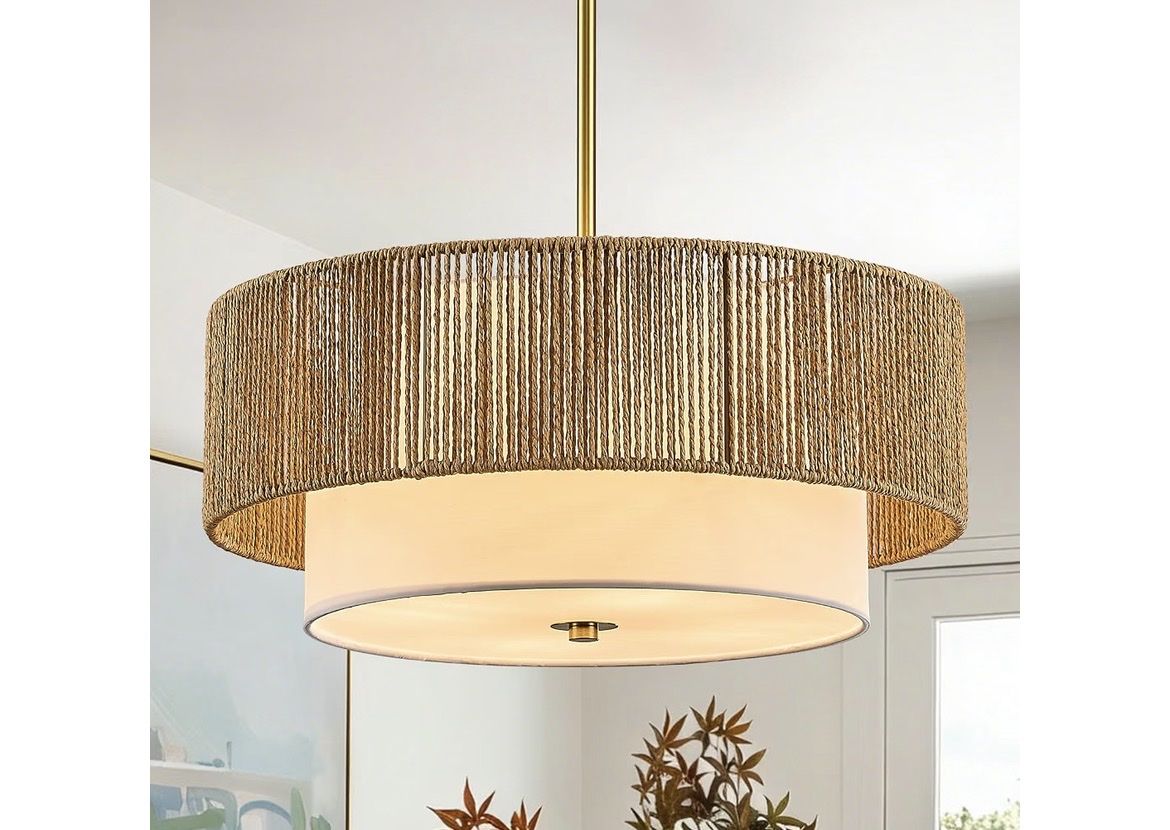 New, 18" Rattan Chandelier for Dining Room 4-Light Large Boho Pendant Light, Hand Woven, Brushed Gold