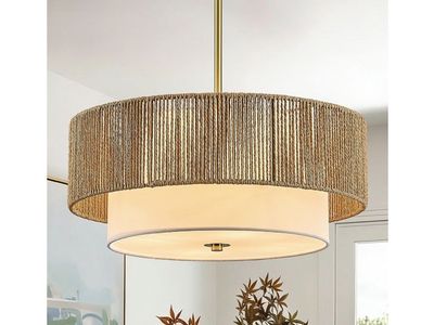 New, 18" Rattan Chandelier for Dining Room 4-Light Large Boho Pendant Light, Hand Woven, Brushed Gold