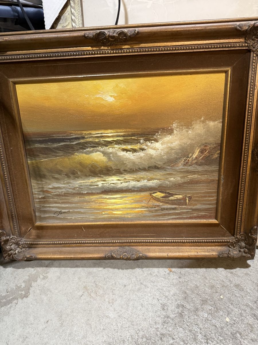 Framed Oil Painting Seascape with Boat by Stevens Certified Original