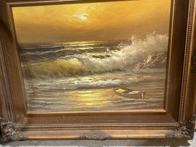 Framed Oil Painting Seascape with Boat by Stevens Certified Original
