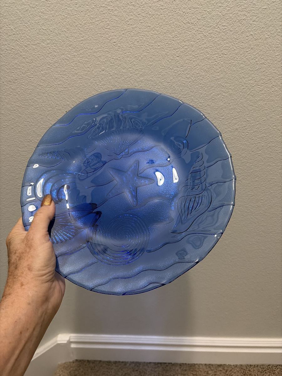 10 Vintage Cobalt Blue Glass with Sea Life Motifs - Starfish, Shells, Waves - Decorative Dishes