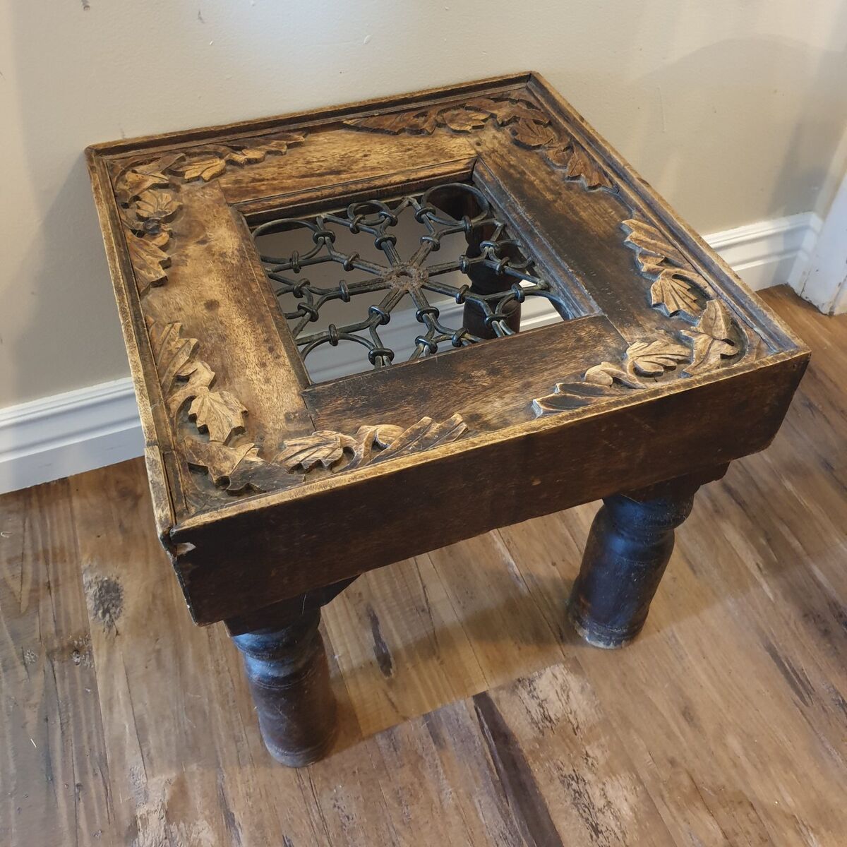 Antique Wood Table • Floral Motif • Metal Grate