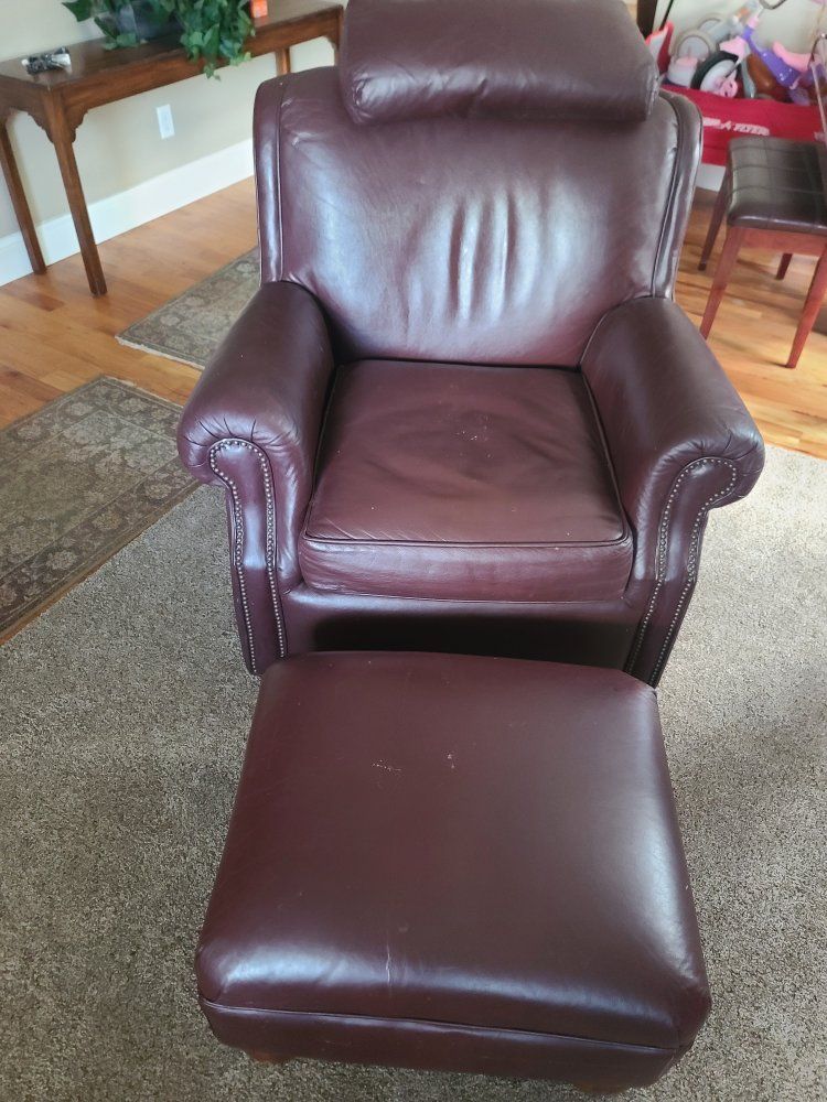 Burgundy Leather Armchair with Matching Ottoman and Nailhead Trim