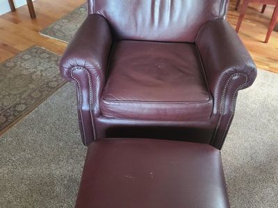 Burgundy Leather Armchair with Matching Ottoman and Nailhead Trim