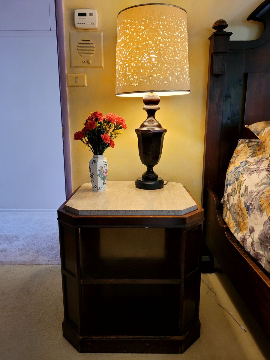 Vintage Bedside Table – Beautiful Wood + Natural Travertine Stone Top