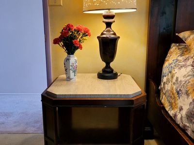 Vintage Bedside Table – Beautiful Wood + Natural Travertine Stone Top