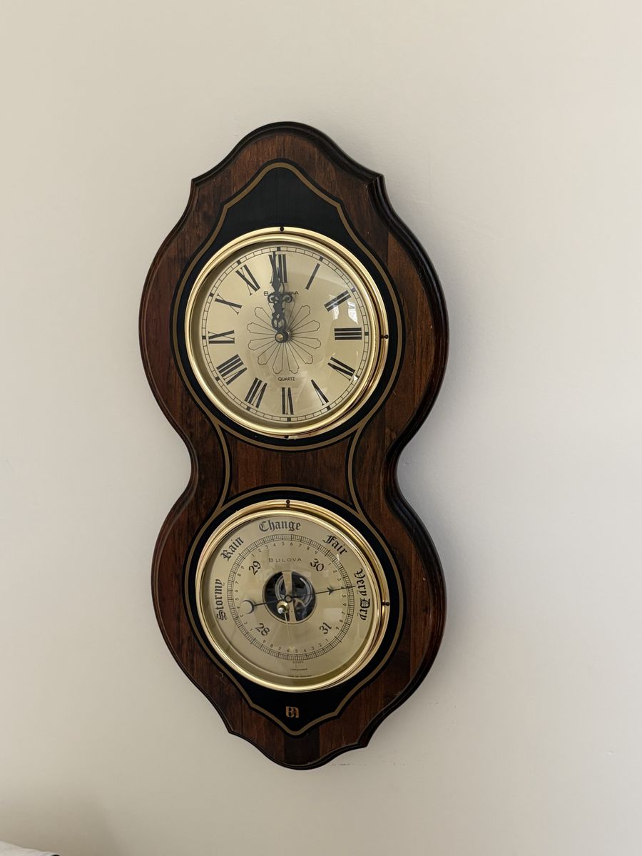 Vintage Bulova Quartz Wall Clock and Barometer Wood Frame
