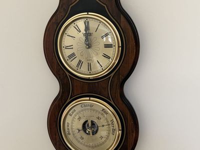 Vintage Bulova Quartz Wall Clock and Barometer Wood Frame