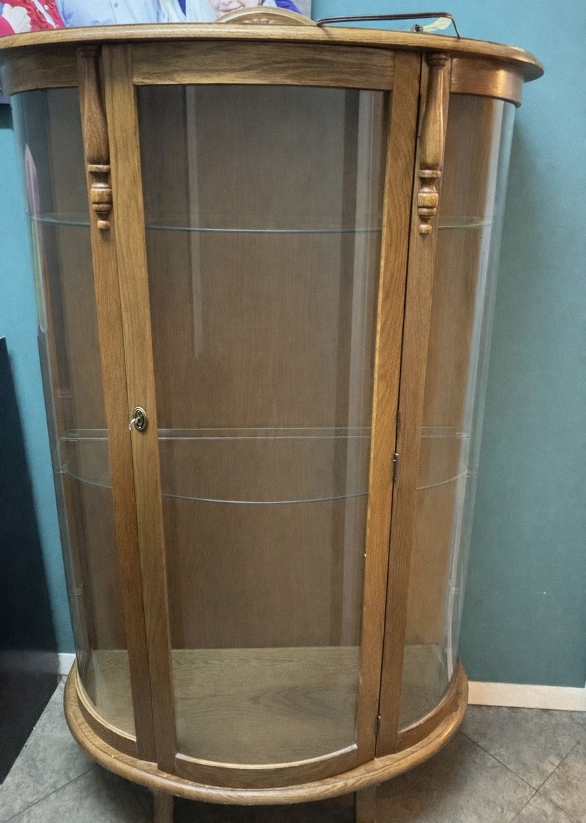 Wood Curved Glass Curio Cabinet