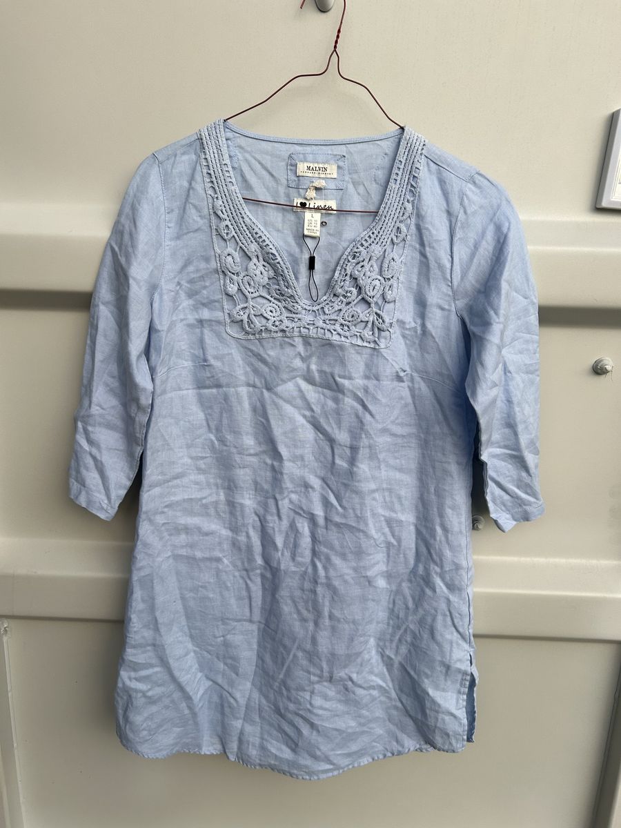 MALVIN Light Blue 100% Linen Embroidered V-Neck Tunic Top Size L / US 10