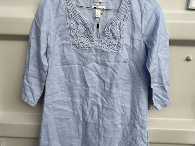 MALVIN Light Blue 100% Linen Embroidered V-Neck Tunic Top Size L / US 10