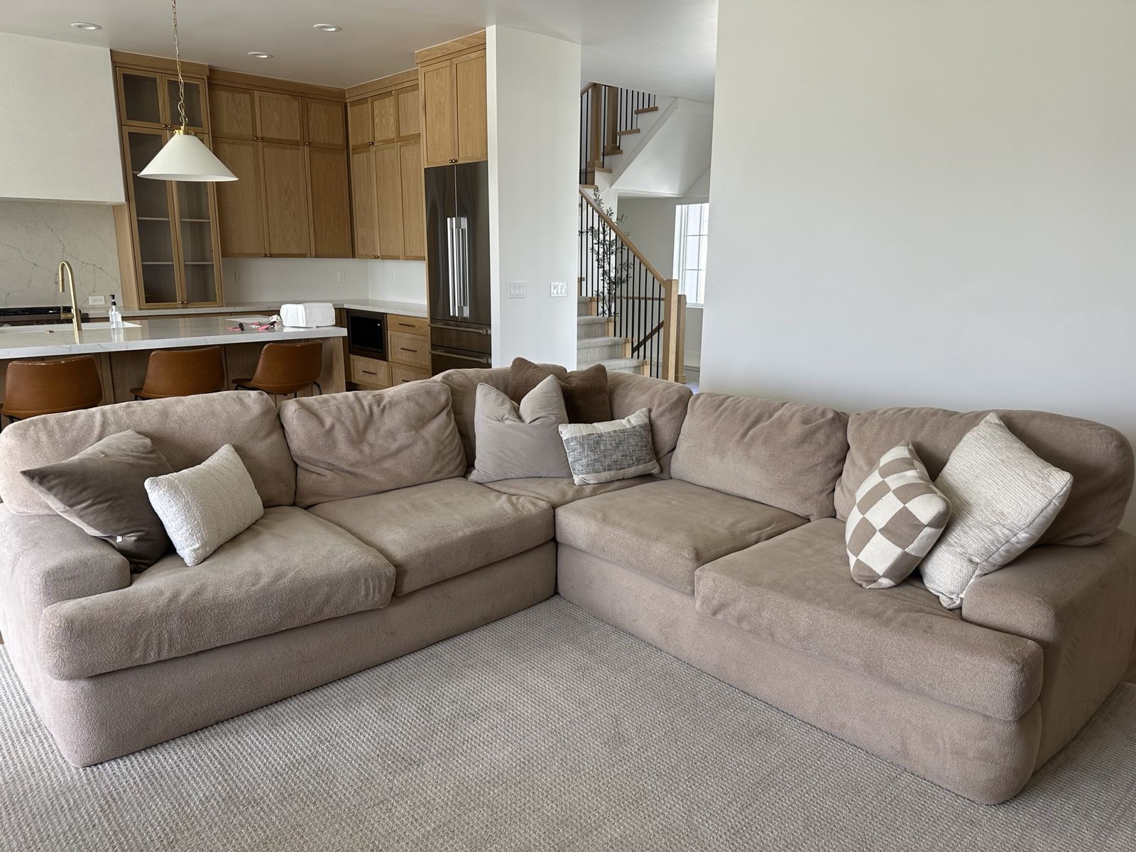 Large Beige Sectional Couch with Plush Cushions