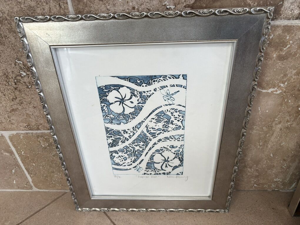 Blue Block Print Signed & Numbered In Silver Frame