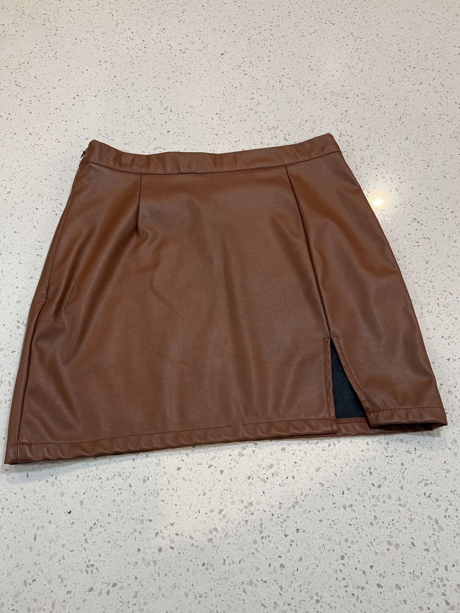 Shein Petite M Brown Faux Leather Mini Skirt with Side Slit - Like New