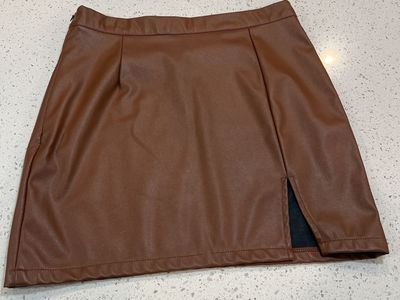 Shein Petite M Brown Faux Leather Mini Skirt with Side Slit - Like New