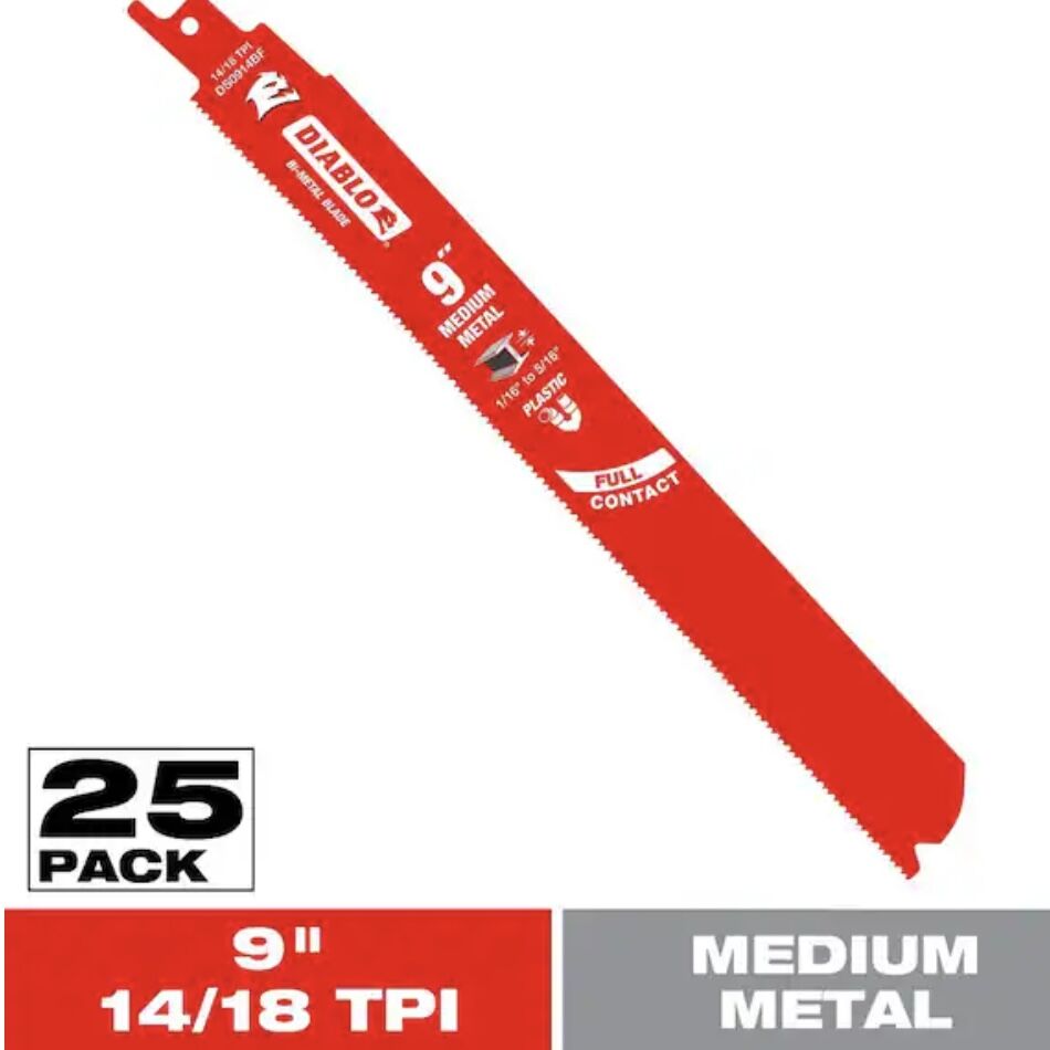DIABLO 9 in. 14/18 TPI Bi-Metal Reciprocating Saw Blades for Medium Metal (25-Pack)