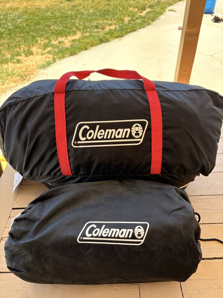 Coleman tent, air mattress and bedding, Twin