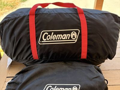 Coleman tent, air mattress and bedding, Twin