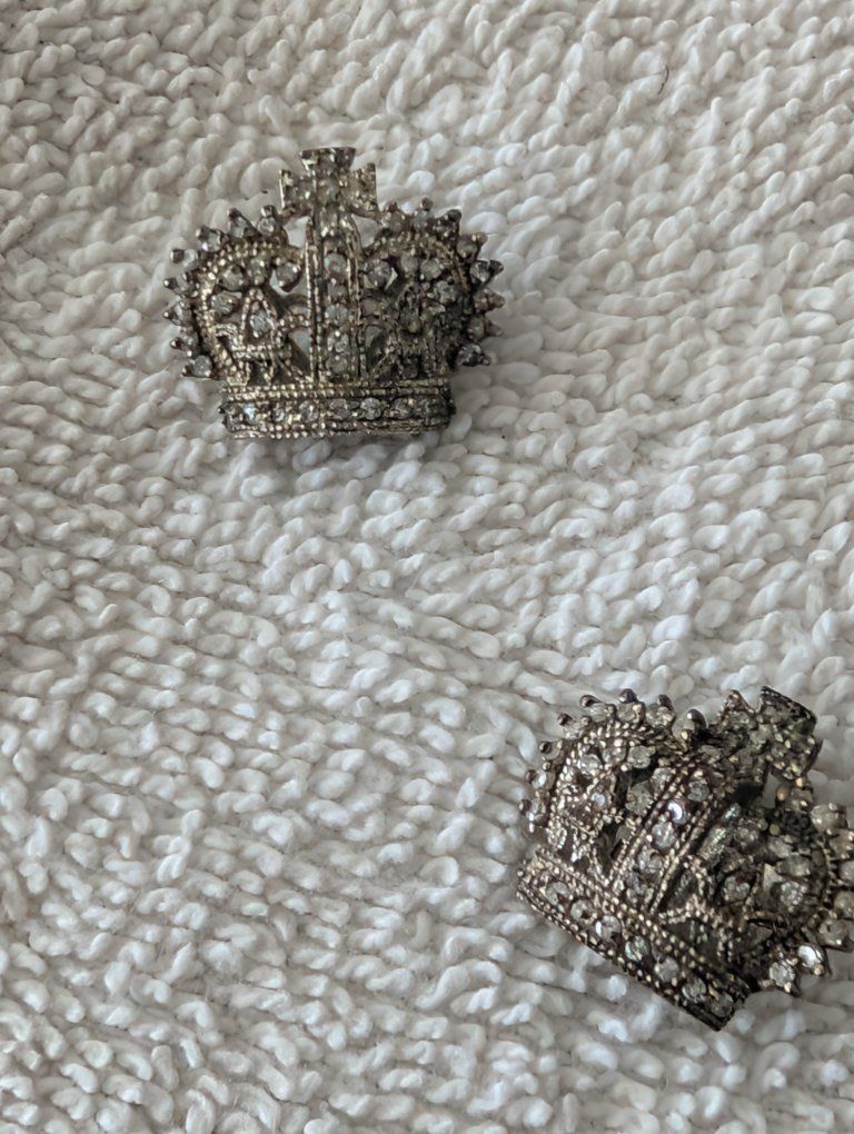 Vintage Silver Tone Crown Brooch Pin with Clear Rhinestones, Ornate Design