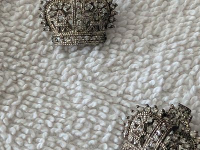 Vintage Silver Tone Crown Brooch Pin with Clear Rhinestones, Ornate Design