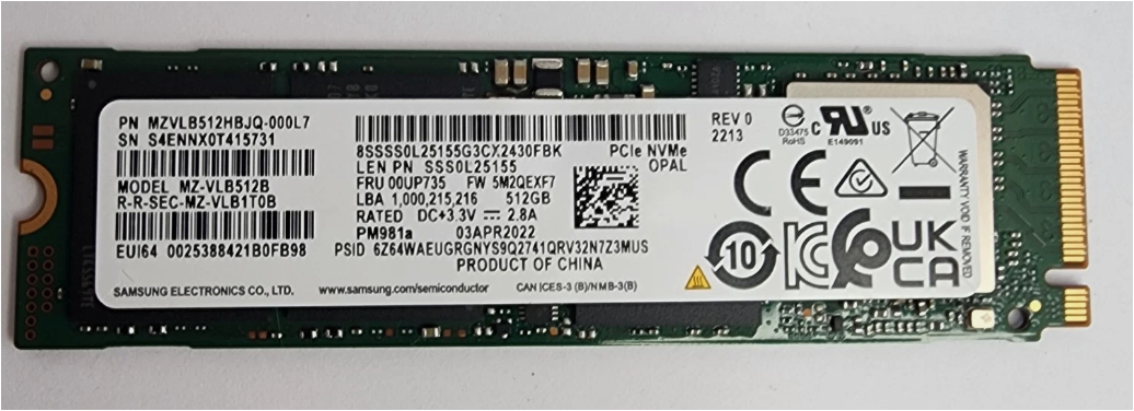 Samsung PM981a 512GB NVMe M.2 2280 SSD Storage Drive
