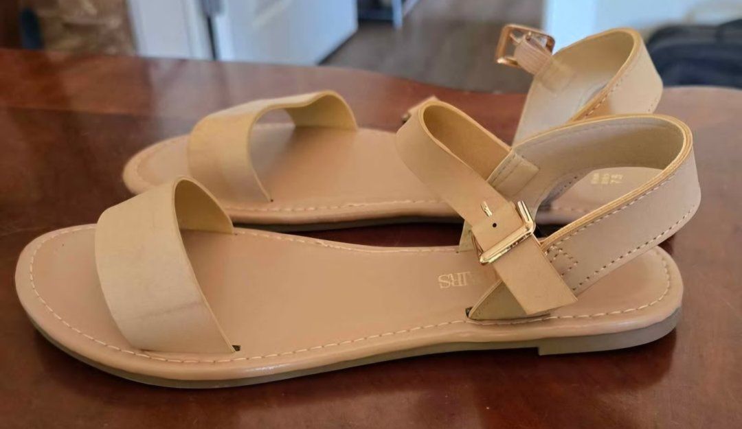 Nude Beige Ankle Strap Flat Sandals - Women's Size 7.5 by Dream Pairs