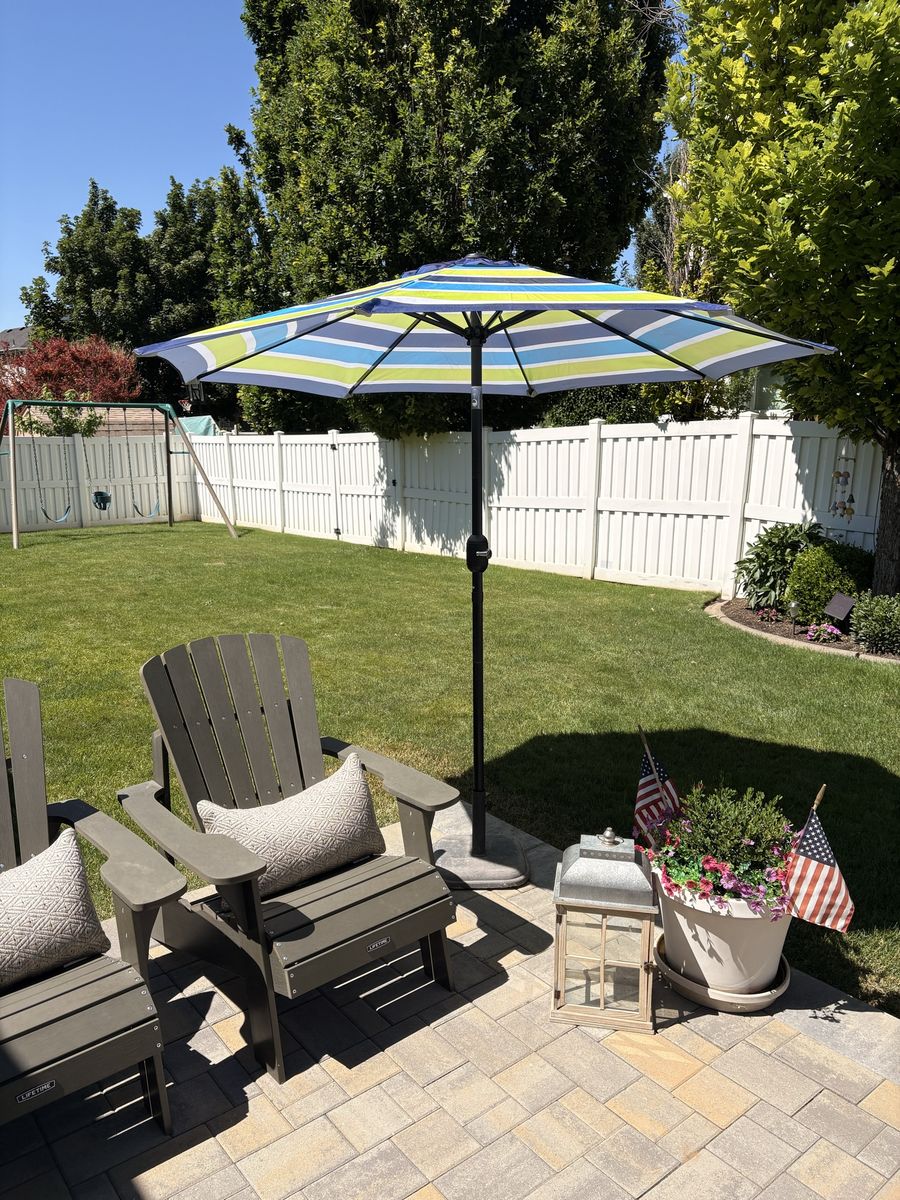 Colorful 7ft Patio Umbrella - Blue, Green, White Stripes - Outdoor Shade (Stand NOT Incl.)