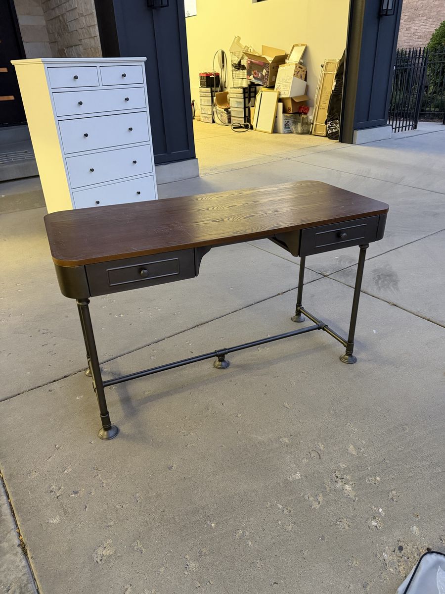 Industrial Style Wood Top Desk with Metal Pipe Legs and 2 Drawers