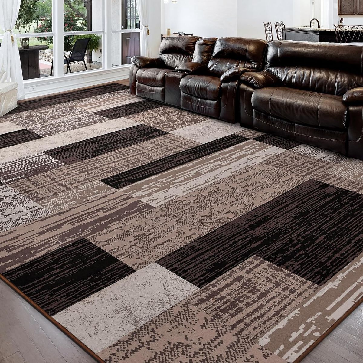 NEW 9x12 FlyDOIT Modern Geometric Patchwork Area Rug, Modern Contemporary Chocolate Large Rugs for Living Room