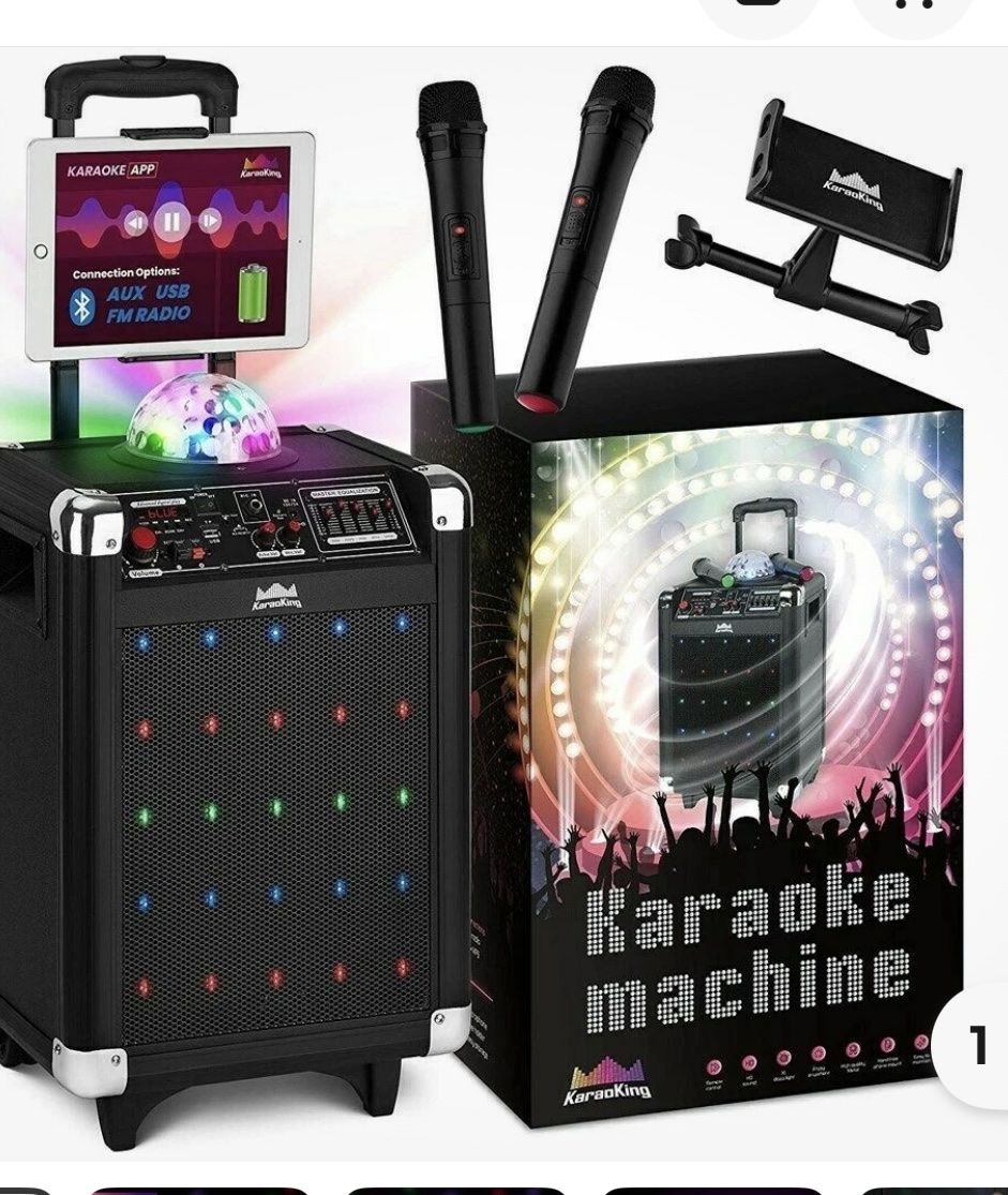 New KaraoKing Karaoke Machine Speaker System with 2 Microphones, Tablet Holder, AUX/USB/FM Radio