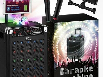 New KaraoKing Karaoke Machine Speaker System with 2 Microphones, Tablet Holder, AUX/USB/FM Radio