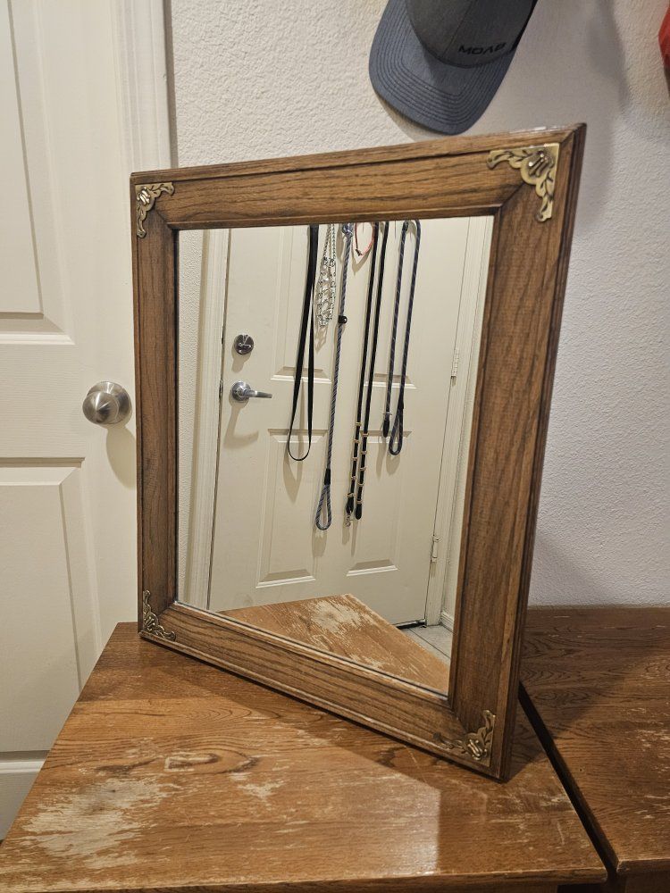 Vintage Wooden Wall Mirror with Brass Corner Accents (25" x 20")