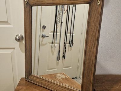 Vintage Wooden Wall Mirror with Brass Corner Accents (25" x 20")