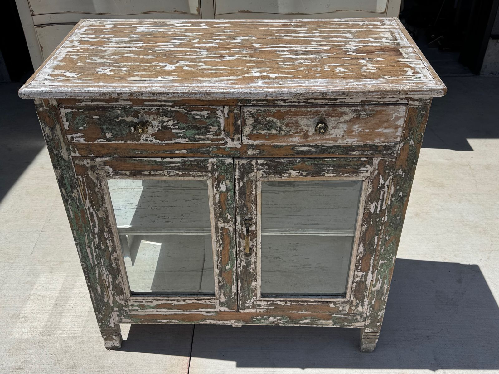 Rustic Distressed Wood Glass Door Cabinet Farmhouse Accent Storage