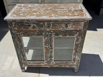 Rustic Distressed Wood Glass Door Cabinet Farmhouse Accent Storage