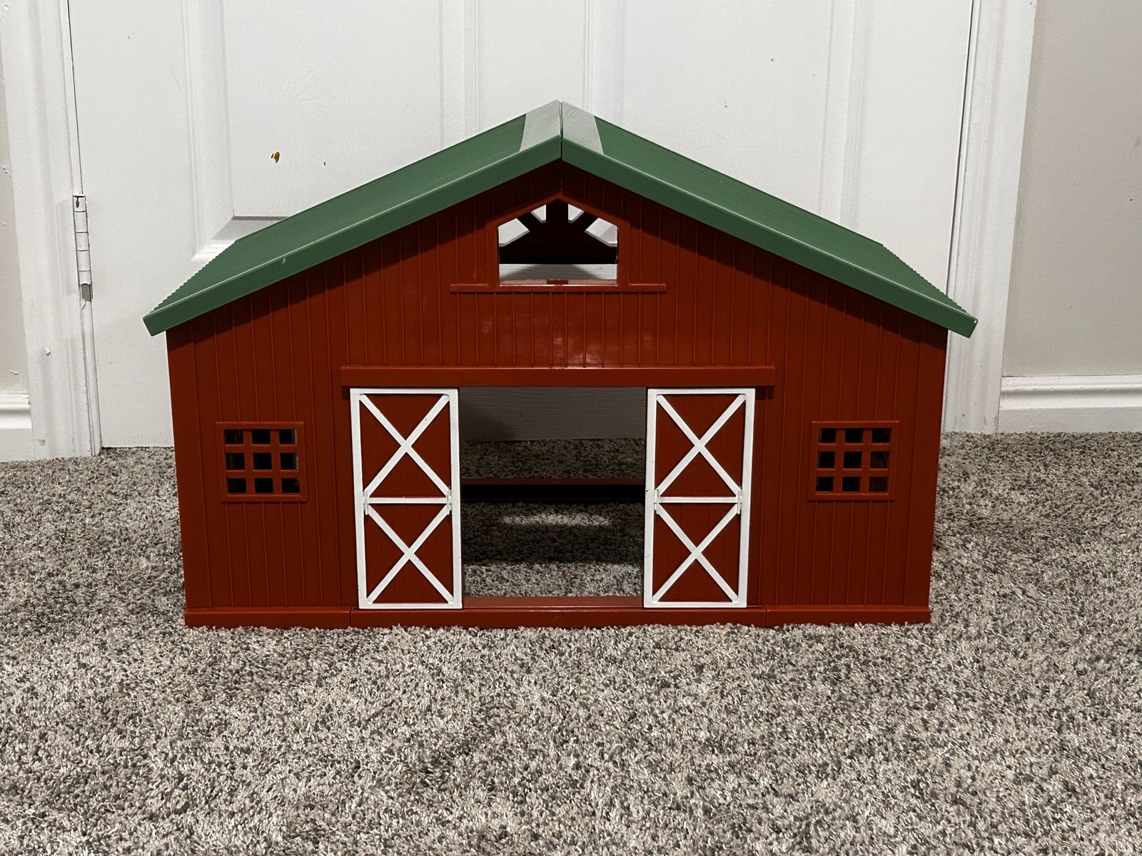 Red and Green Toy Horse Barn Playset with Sliding Doors