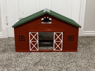 Red and Green Toy Horse Barn Playset with Sliding Doors