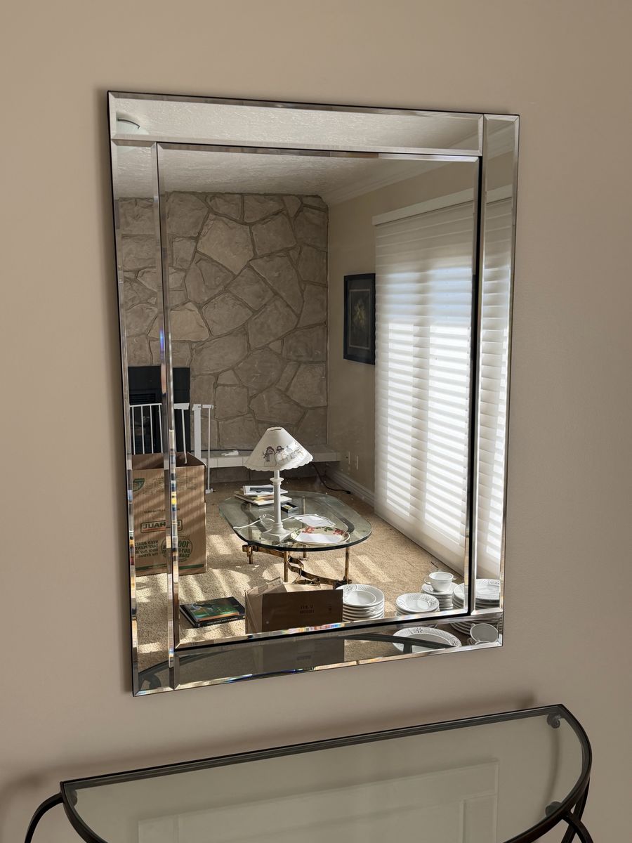 Large Rectangular Beveled Glass Wall Mirror with Mirrored Border Frame
