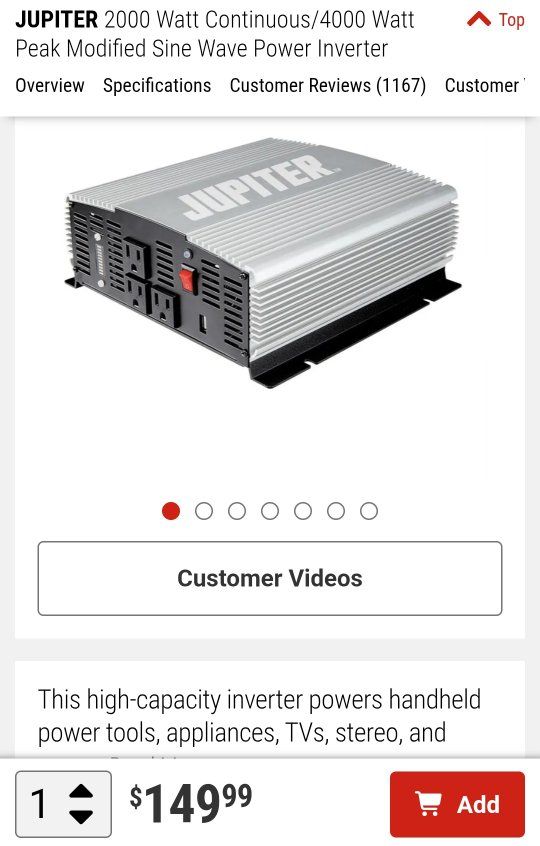 Jupiter 2000W Continuous/4000W Peak Modified Sine Wave Power Inverter 12V DC to 115V AC