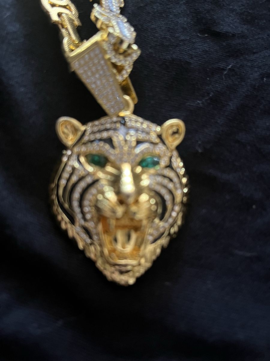 Gold-Tone iced Tiger Head Pendant Necklace with Rhinestones and Green Eyes