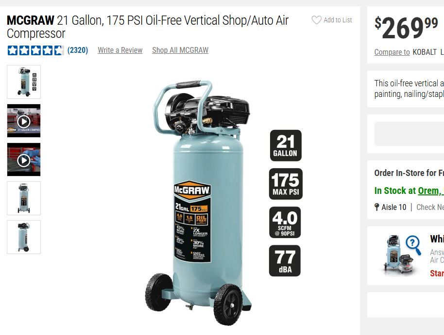 MCGRAW 21 Gallon, 175 PSI Oil-Free Vertical Shop/Auto Air Compressor