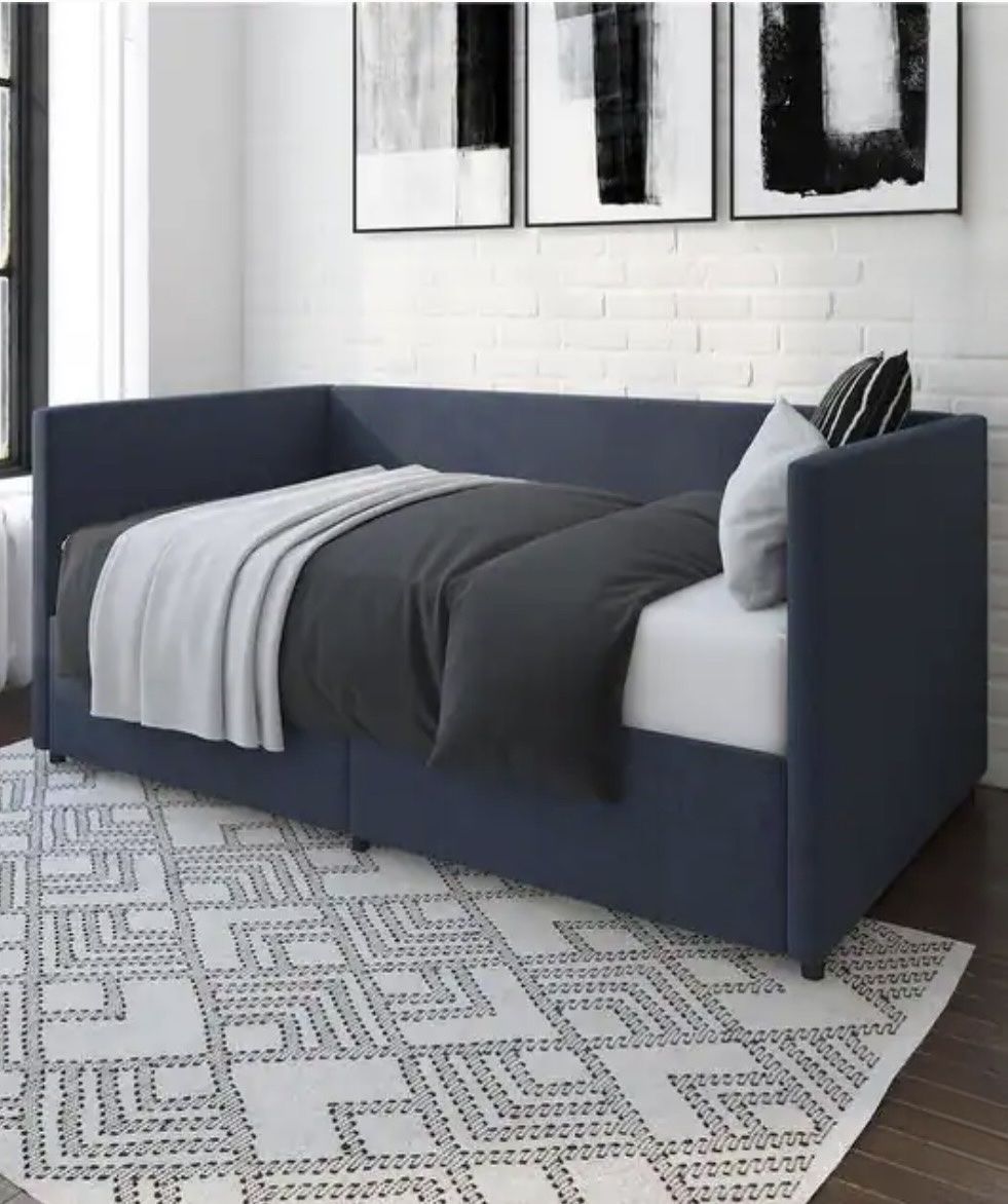 Blue Upholstered Daybed with Storage Drawers & twin mattress 