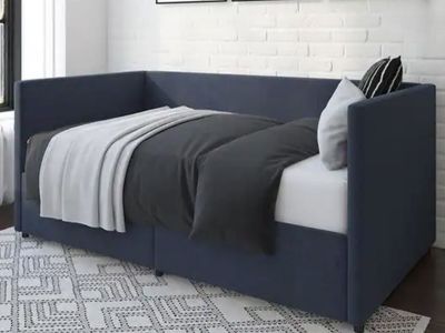 Blue Upholstered Daybed with Storage Drawers & twin mattress