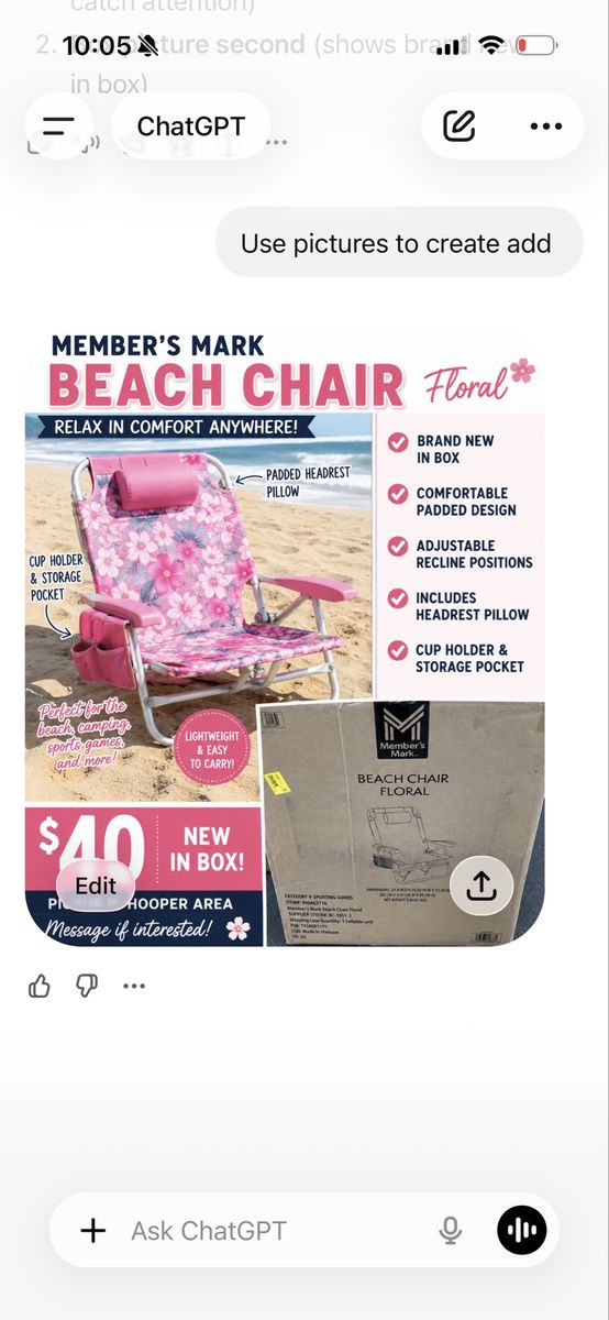 Member's Mark Floral Beach Chair - New in Box, Padded, Adjustable Recline, Cup Holder & Storage