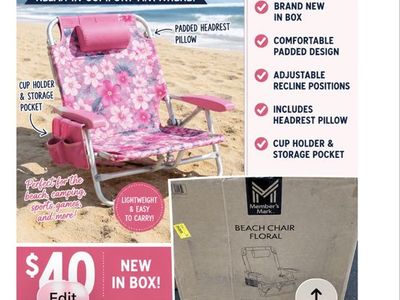 Member's Mark Floral Beach Chair - New in Box, Padded, Adjustable Recline, Cup Holder & Storage