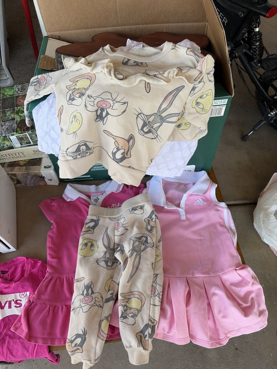 Girls Clothes Lot - Looney Tunes Sweatshirt & Pants Set, Adidas Polo Dresses, Levi's Shirt