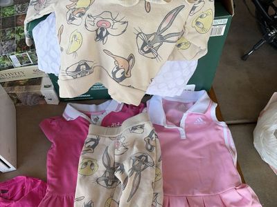 Girls Clothes Lot - Looney Tunes Sweatshirt & Pants Set, Adidas Polo Dresses, Levi's Shirt