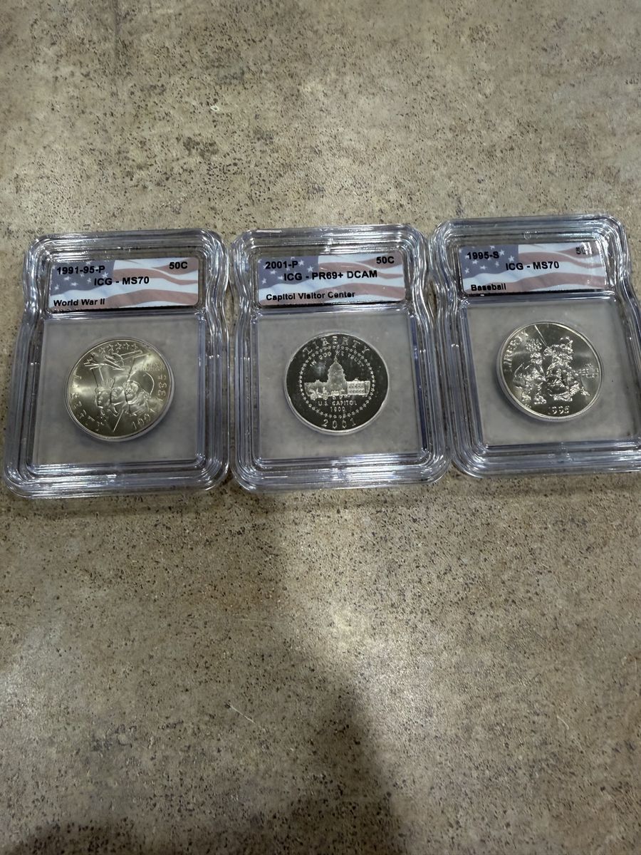1991-P, 2001-P, 1995-S Commemorative Half Dollars - World War II, Capitol, Baseball ICG Graded