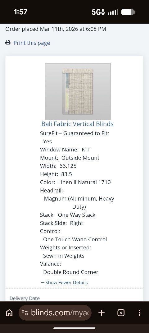 Bali Fabric Vertical Blinds - Linen II Natural 1710, 66.125" W x 83.5" H, One Touch Wand Control