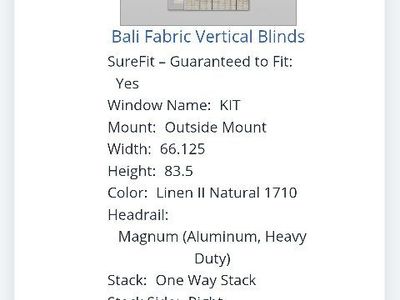 Bali Fabric Vertical Blinds - Linen II Natural 1710, 66.125" W x 83.5" H, One Touch Wand Control